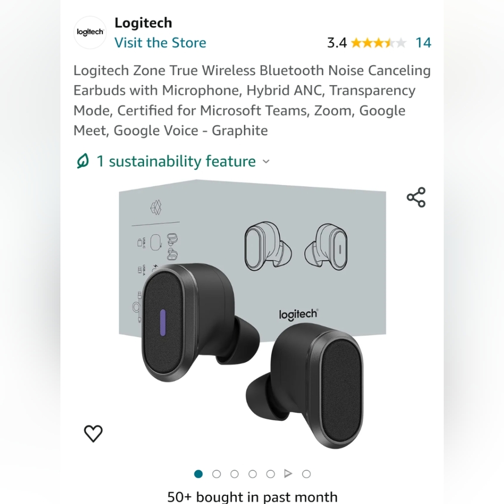 Logitech Zone True Wireless Bluetooth Noise Canceling Earbuds with Microphone
